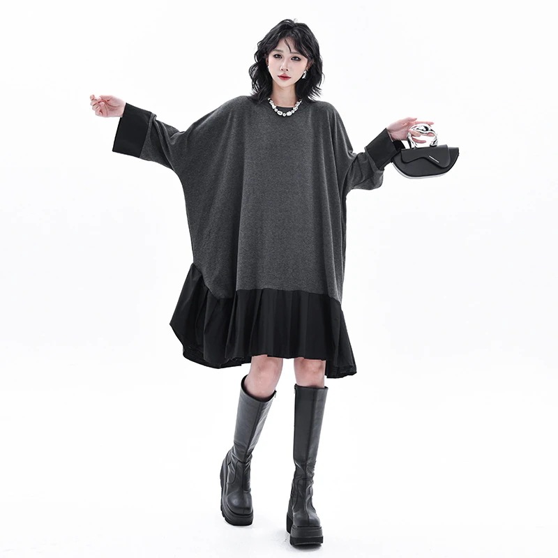 【Noir Mode】 春秋 カラーブロック 切り替え ミモレ丈 スウェットワンピース デザイン性 ブラックコーデ 大きいサイズ レディース 体型カバー ロングワンピース レディース ワンピース