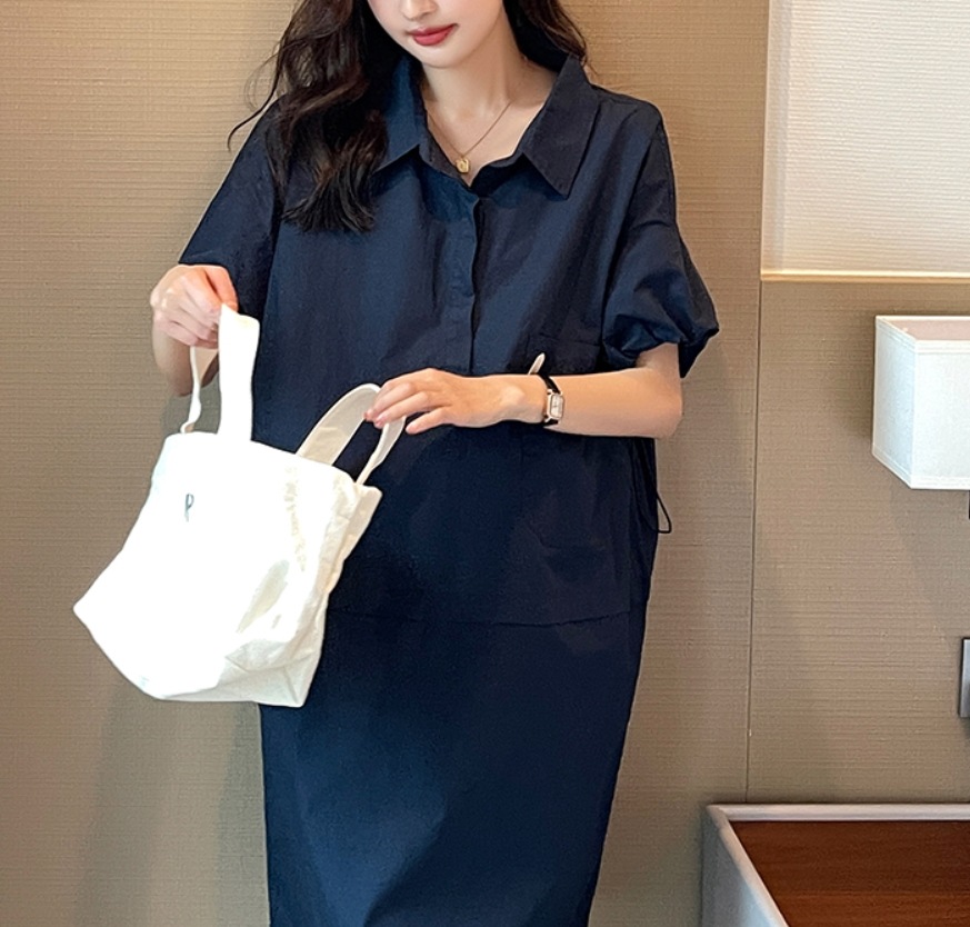 ワンピース シャツワンピース 膝丈 ひざ丈 膝上 袖あり 半袖 パフスリーブ 襟付き ストレート Iライン ポケット 伸縮性 綿 薄手 かわいい 大人可愛い きれいめ シンプル カジュアル 大人 5,940円