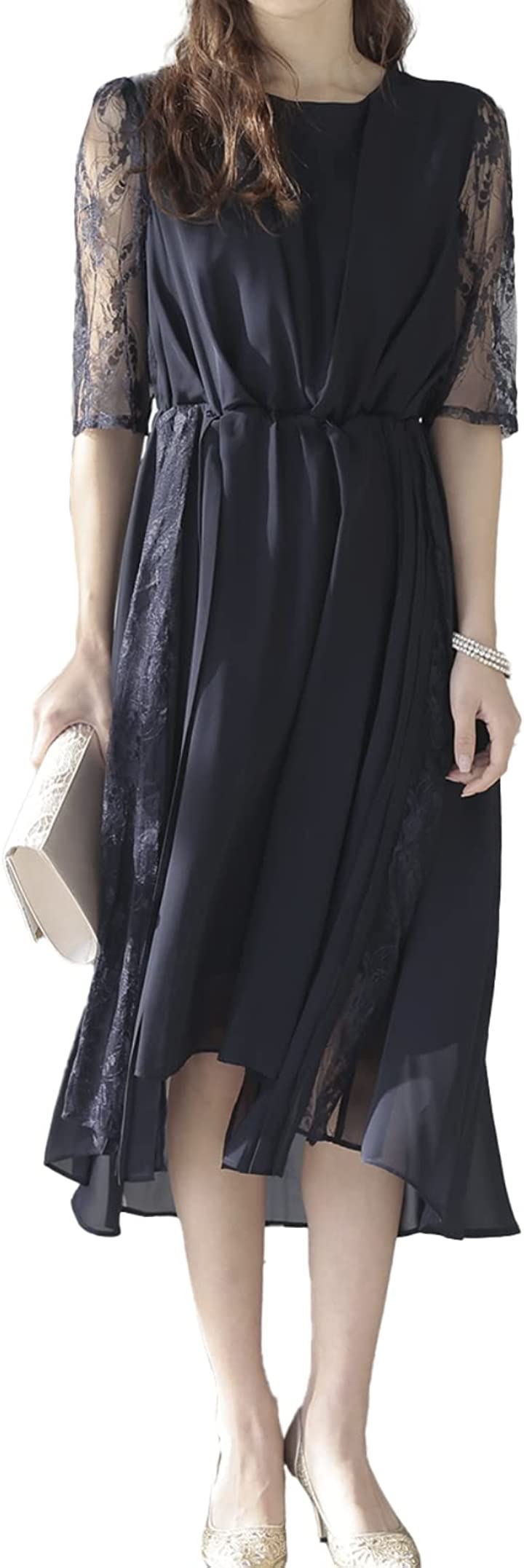 パーティ ワンピース ドレス レディース レース 刺繍 五分袖 NV( ネイビー / 104, S)