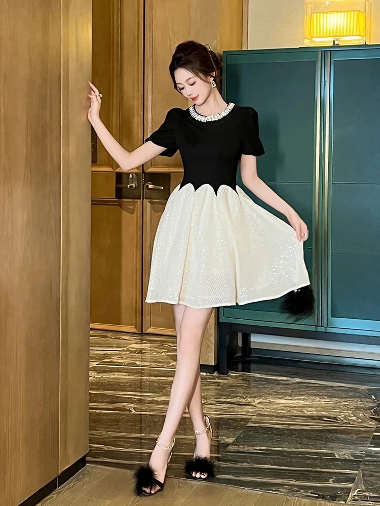 夏 ドッキング ショートワンピース ダイヤモンド飾り ドレス パーティー キャバ 大人 同窓会 披露宴 卒業式 結婚式 演奏会 ウェディング 二次会