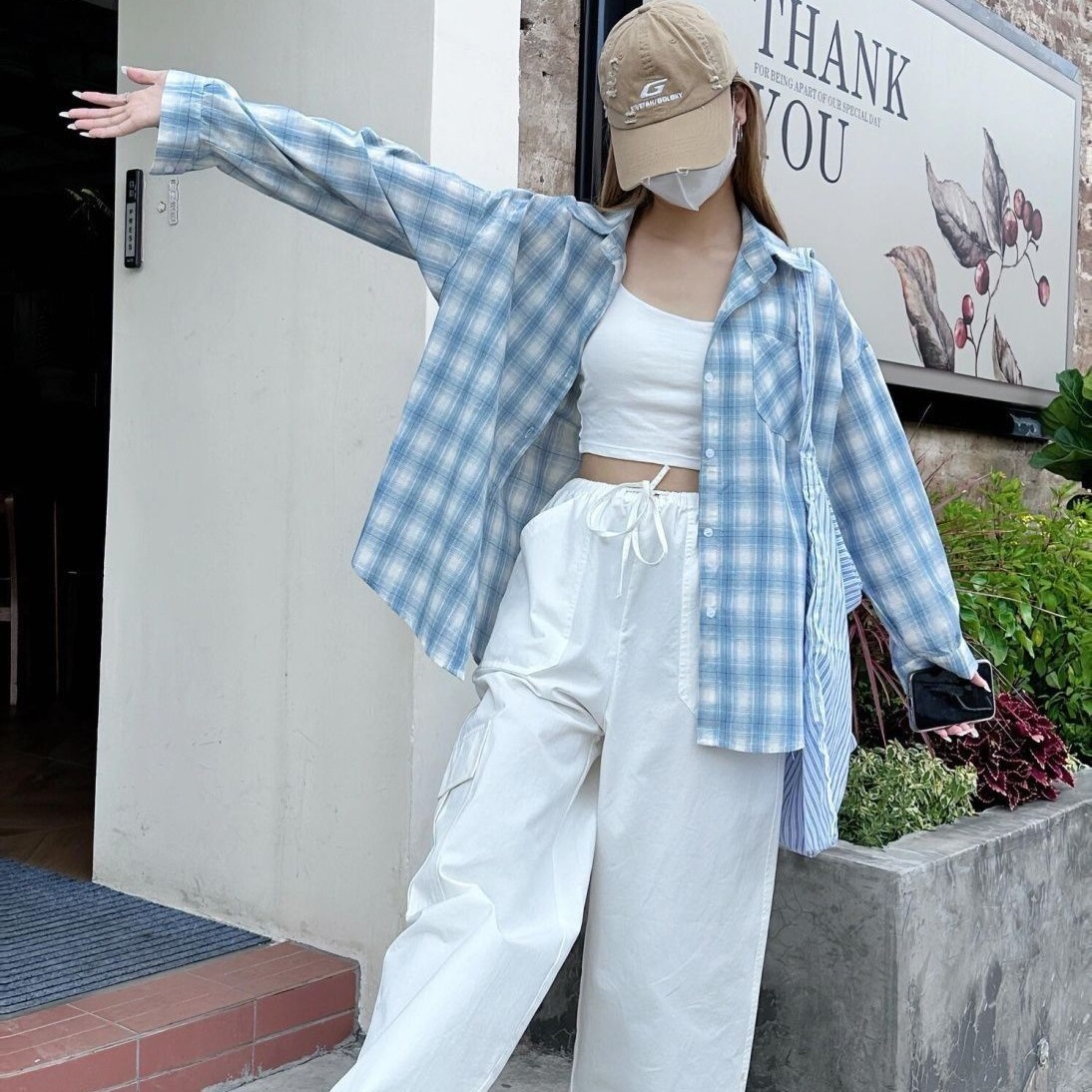 アメリカン 甘くてかっこいい風 灰青 差し色 チェック シャツ レディース 長袖 可愛い カジュアル 重ね着 塩系 アウター461292