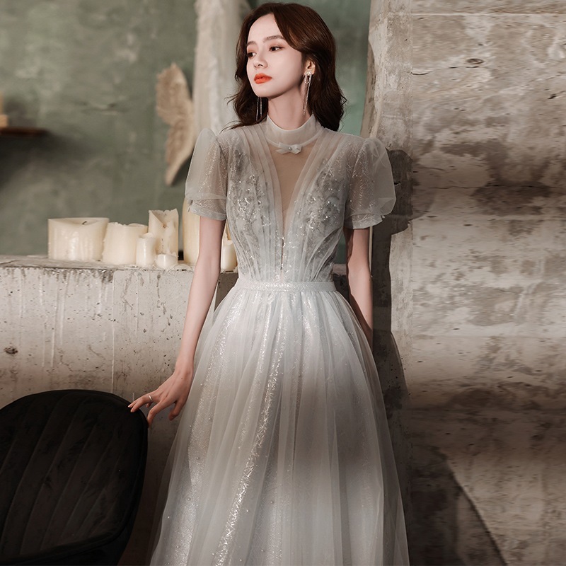 【2枚購入で 3oo円OFF】バンケットドレス2025秋のエレガントスタンドカラードレスホスティングパフォーマンスモリスタイルドレス