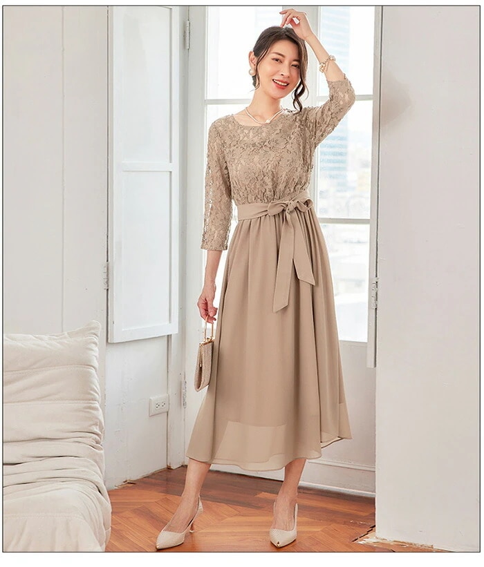 限定カラーパーティードレス 結婚式 ワンピース 袖あり 大きいサイズ レース ドレス フォーマルドレス ロング丈 ワンピース 体型カバー マキシ きれいめ 楽チン ゆったり レディース パーティー 大