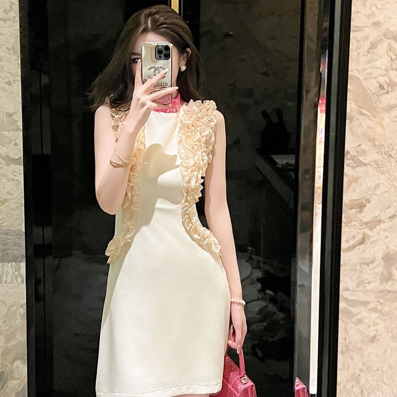 JY.上品 フリル飾り ショートワンピース 夏 Aライン パーティードレス キャバ 着痩せ 大人 同窓会 披露宴 卒業式 結婚式 演奏会 ウェディング 二次会 発表会