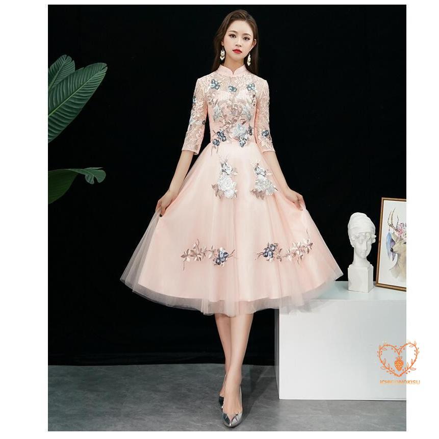 立ち襟 ウエディングドレス パーディードレス 袖あり ミモレドレス 30代40代 ステージ衣装 プリンセス オペラ声楽 成人式 花嫁 忘年会 結婚式 ピアノ