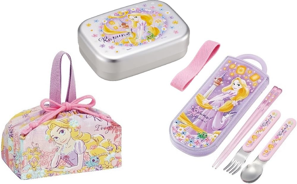 スケーター(Skater) ラプンツェル 25 アルミ弁当箱 アルミ製 ランチボックス お弁当箱 370ml トリオセット (箸/スプーン/フォーク) ランチ巾着 Princess プリンセス キッズ