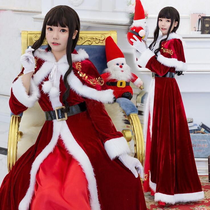 サンタクロース衣装 4点SET レディース サンタ コスプレ 衣装 サンタコス ロング丈 ワンピース フード付きケープ ベルト 手袋 長袖 コート クリスマス 衣装 Xmas30%までに制限