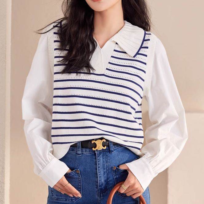 トップス レディース ドッキングトップス カットソーブラウス プルオーバー レイヤード風 重ね着風 襟付き 長袖 パフスリーブ ベスト風 大人可愛い シンプル カジュアル おしゃれ お洒落 かっこいい