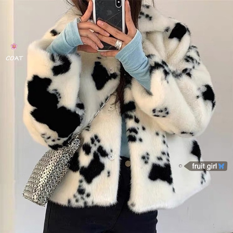 カウ柄 ウールコート ファージャケット 韓国 冬 ルーズ ラペル ウエスタンスタイル a1703