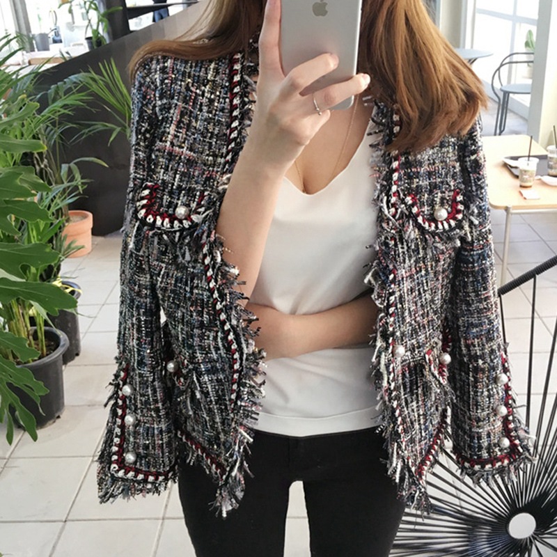 ツイードVネック長袖ジャケット ショートジャケット ツイードジャケット タッセルビーズ ジャケット a2664