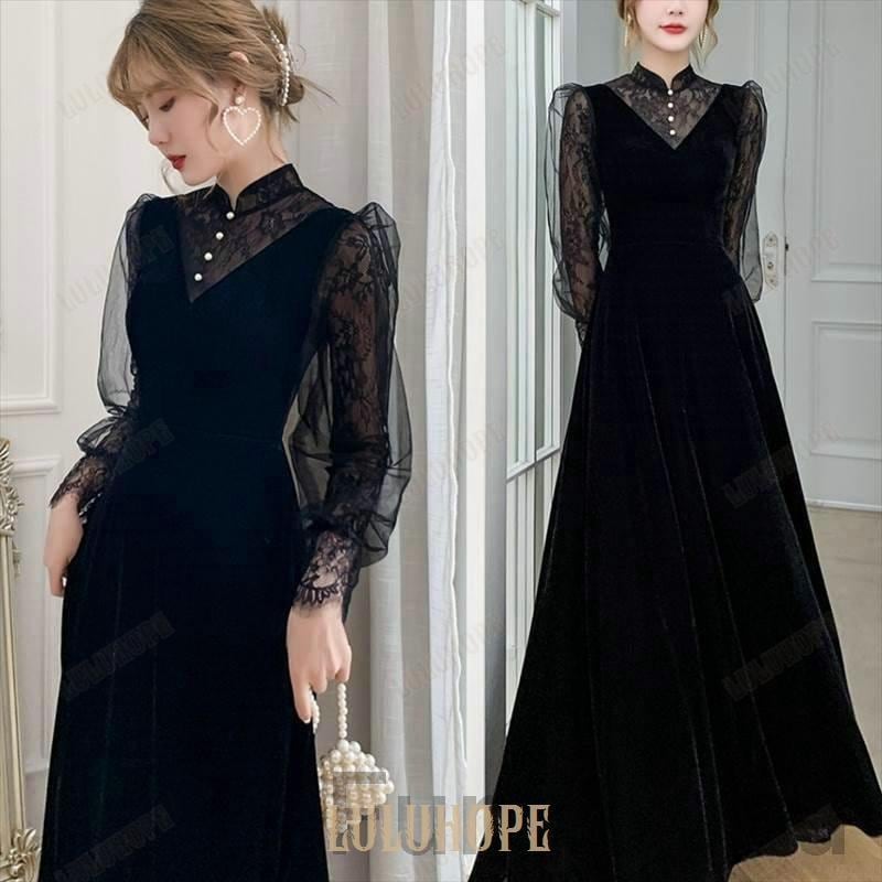 おしゃれロング ドレス パーティードレス 個性的 黒 袖あり 長袖 レース おしゃれ 結婚式 二次会 お呼ばれ 演奏会 発表会 大人 かっこいい