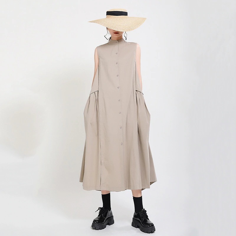 韓国ファッションレディース夏服ノースリーブ2024新作大衆デザイン偽2枚痩せ高綿麻ロングベストワンピースロング肉を隠す