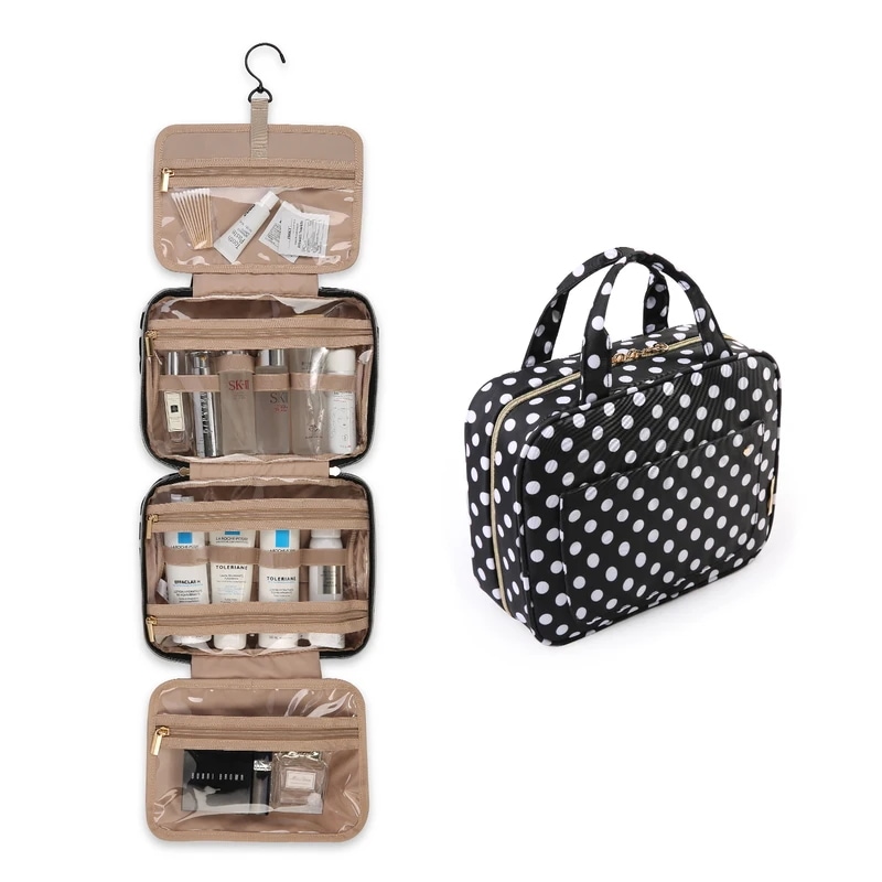 Bagsmart-フック付き化粧品バッグ,耐水性,バスルーム用トラベルバッグ,大型オーガナイザー付き black dot L