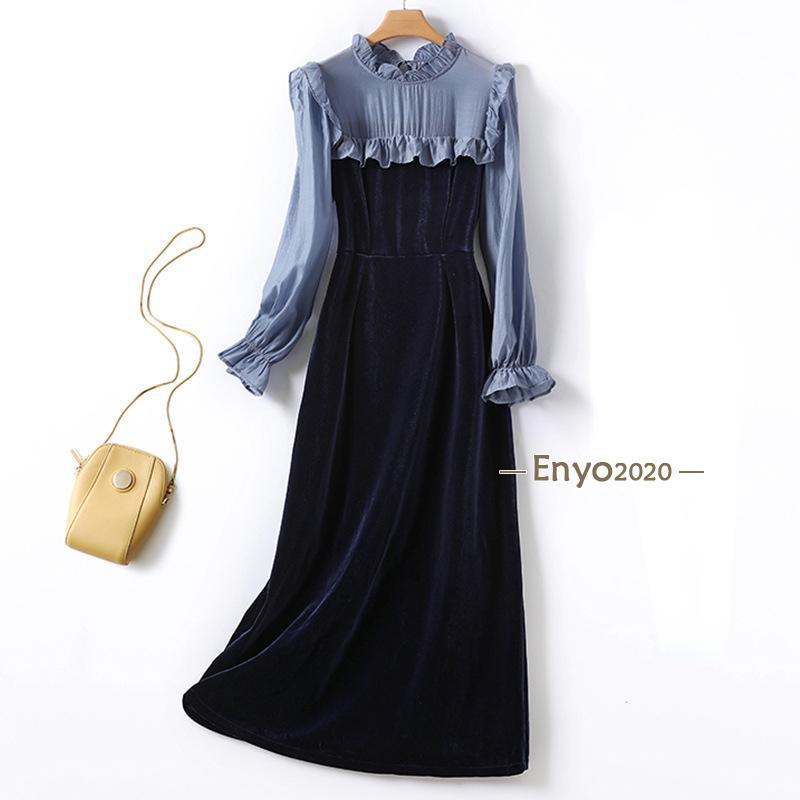 秋の新作 3日以内に発行 高級感溢れるベルベット素材のロング丈ワンピース レディース 長袖 フリル入り 着痩せ 春 秋 冬 マキシ丈 切り替えデザイン 柔らかい 上質 大人 可愛い ビジカジ 今日限り