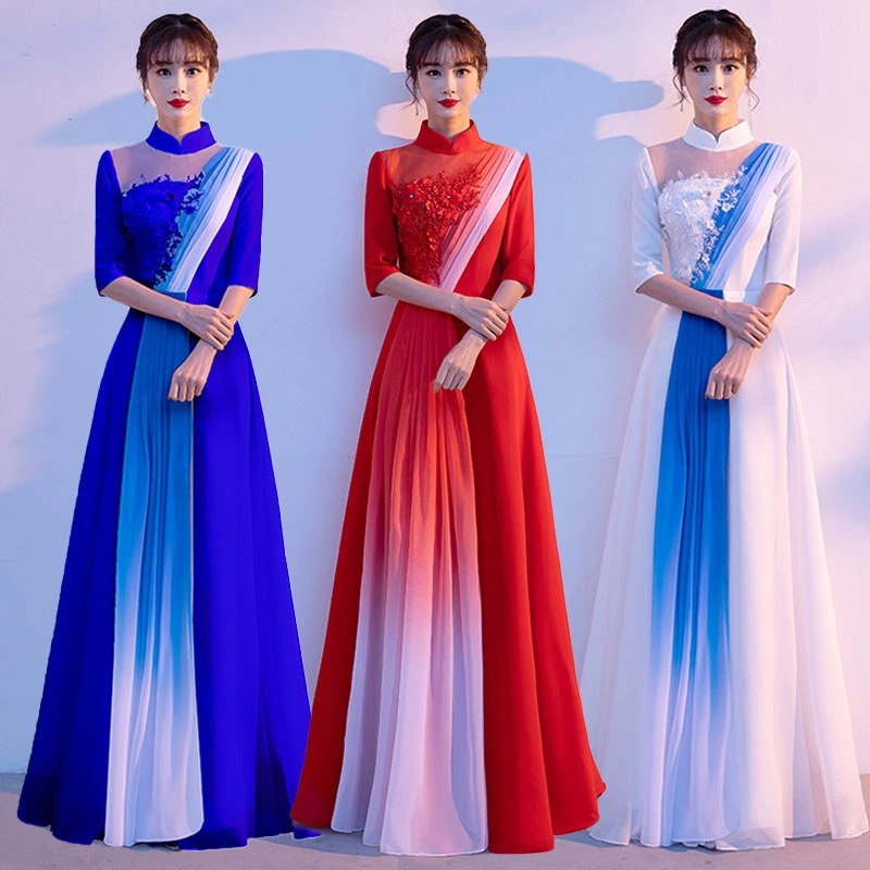 ウェディングドレス ウエディングドレス カラードレス ロングドレス Aラインドレス 立ち襟 チャイナ襟 5分袖 演奏会 発表会ドレス コンサート コンクール 舞台ドレス コーラス 演出服 オーケストラ