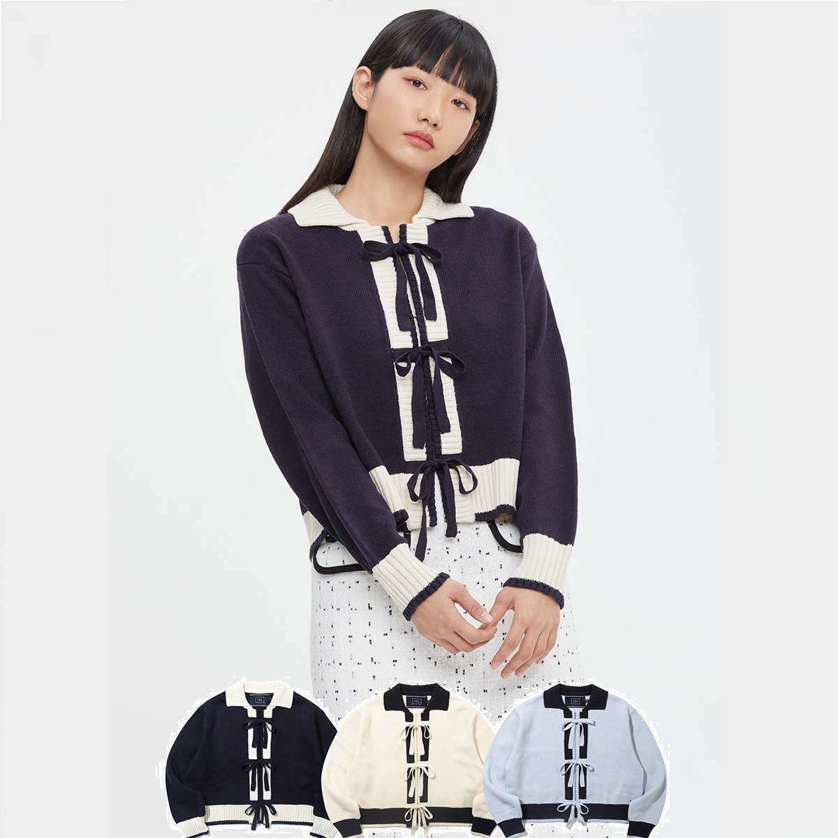 気質アップ Ribbon Cardigan 韓国ファッション 肝節期 女性服 韓国人気 新商品 3色 カーディガン Color Navy Malamidis Group Gr