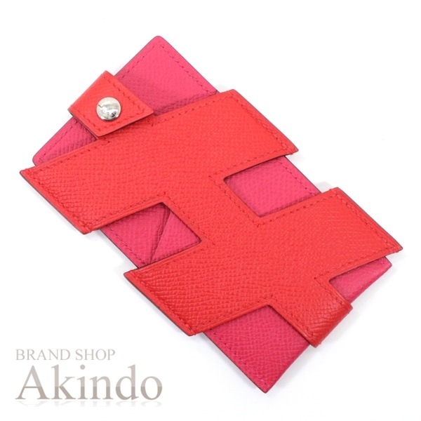 【新品】エルメス Hタグ カードケース ルージュクーxローズエクストリーム 赤xピンク系 エプソン パスケース HERMES IDホルダー