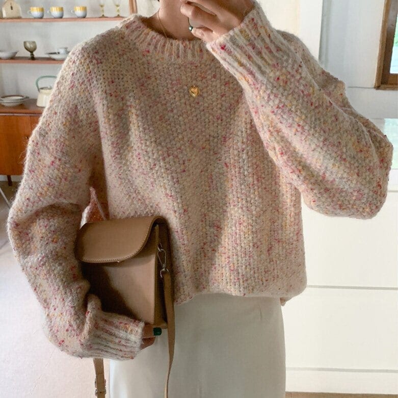 ミックスカラーニット トップス セーター ショート l 袖あり 長袖 萌袖 ラウンドネック ウール かわいい 大人可愛い シンプル カジュアル 大人 おしゃれ お洒落 大人可愛い 大人女子 こ