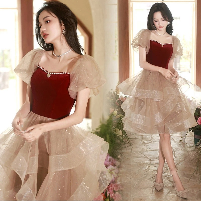 結婚式ドレス 二次会ドレス ワイン赤 ベロア ベルベット 膝丈ドレス 結婚式 二次会 お呼ばれドレス フレア フリル 可愛い 成人式ドレス ワインレッド 黒 ミモレ丈ドレス パーティードレス ブラック 6,341円