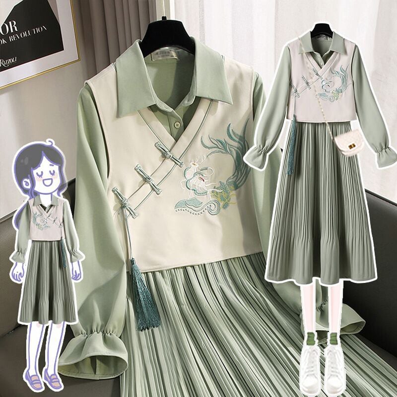 チャイナ風セットアップ シャツワンピース＋ベスト 長袖ロングワンピース 刺繍 4,798円