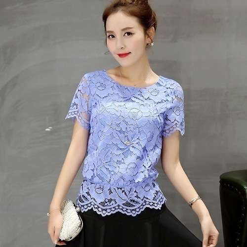 2049.花柄レース半袖トップス(ブルー)