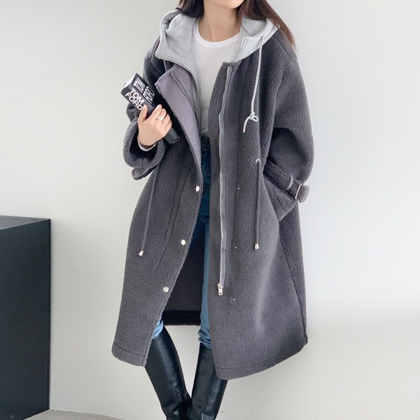 韓国ファッション フードレイヤードボアダンブルロングコート
