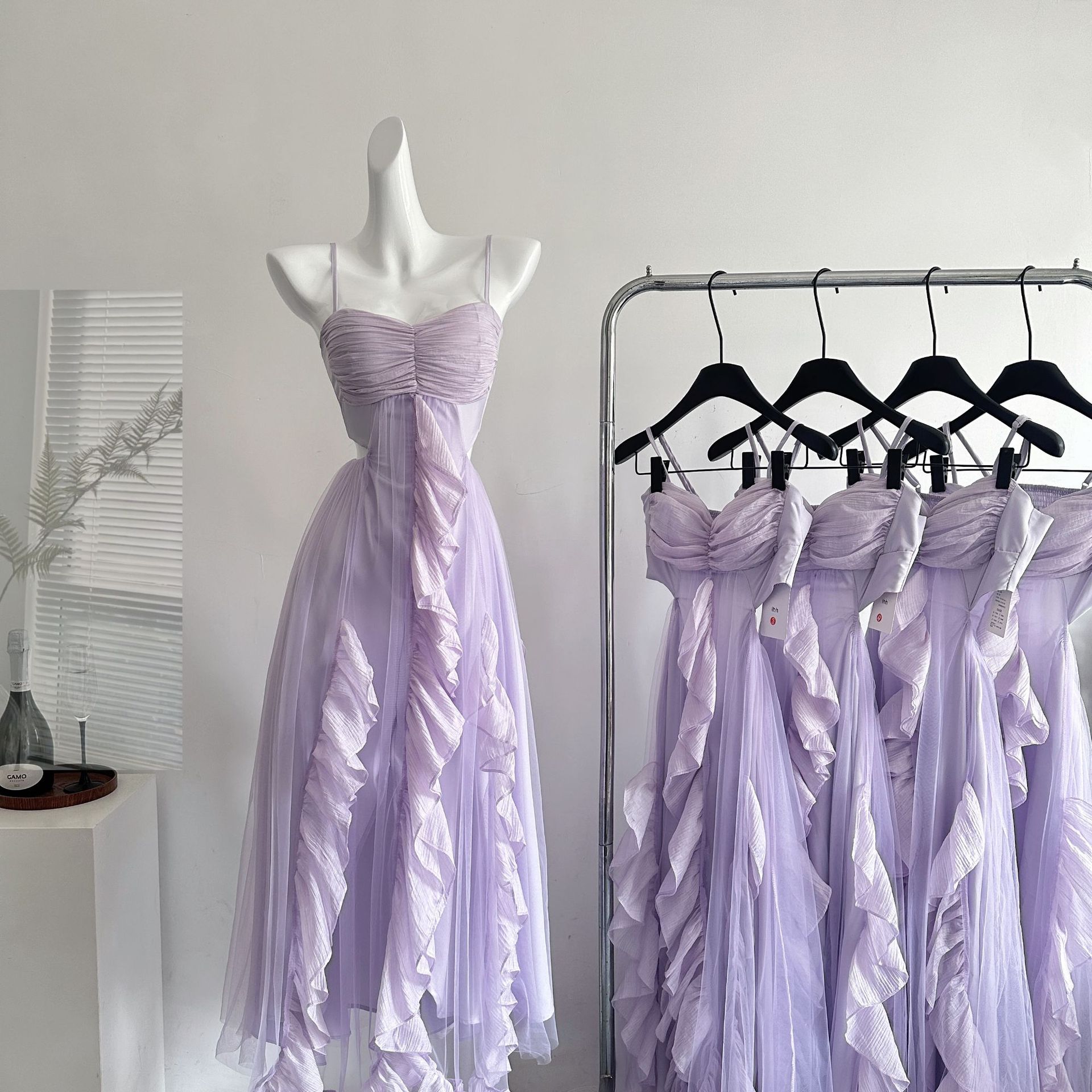 【急速出荷】ダストダンダンリゾート風ワンピースデザイン感胸拭きキャミソールパープルメッシュロングスカート女