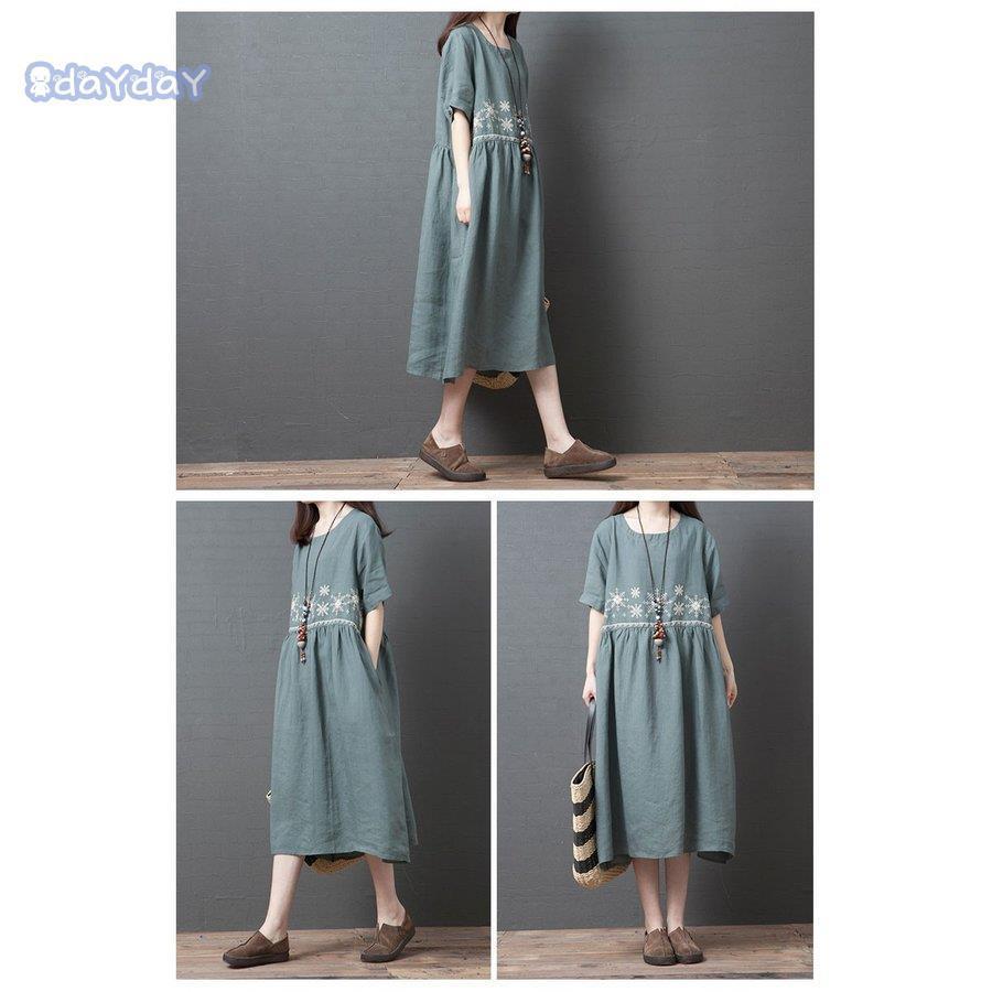 ワンピース 夏 レディース ロング丈 リネンワンピース 半袖 マキシ丈 大きいサイズ フレア aライン ギャザー 無地 体型カバー 30代 40代 50代