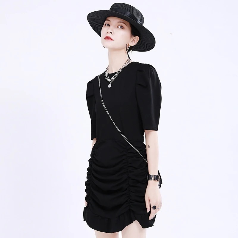 【J.Fashion】 皺裾 ミニワンピ フリル袖 タイトスカート 小柄 レトロ レディース マーメイド ショートワンピース 日焼け止め ドレス メガ割30%までに制限 6,287円