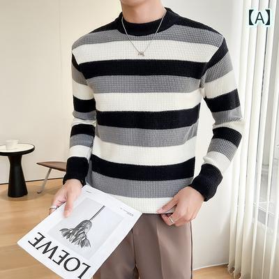 メンズ トップスス おしゃれ 秋冬 レトロ ストライプ カラー ブロッキング ラウンドネック セーター 長袖 ニット セーター 軽量 涼しい 大人
