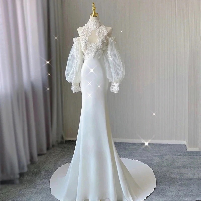 ドレス ワンピース レトロレース 軽めウェディング サテン フィッシュテール お色直し 発表会 結婚式 ドレス お呼ばれパーティー ドレス