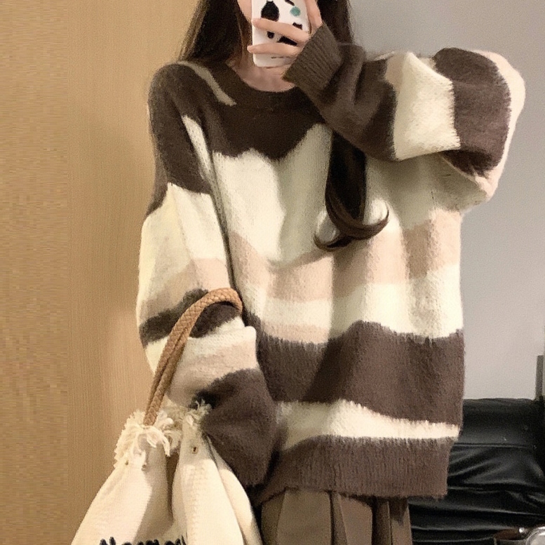 ニット トップス オーバー配色ニット レディース オーバーニット 配色ニット ボーダー ビッグシルエット 長袖 ラウンドネック ドロップショルダー ワイド バイカラー 無地 茶色 ブラウン 大人可愛い 5,382円