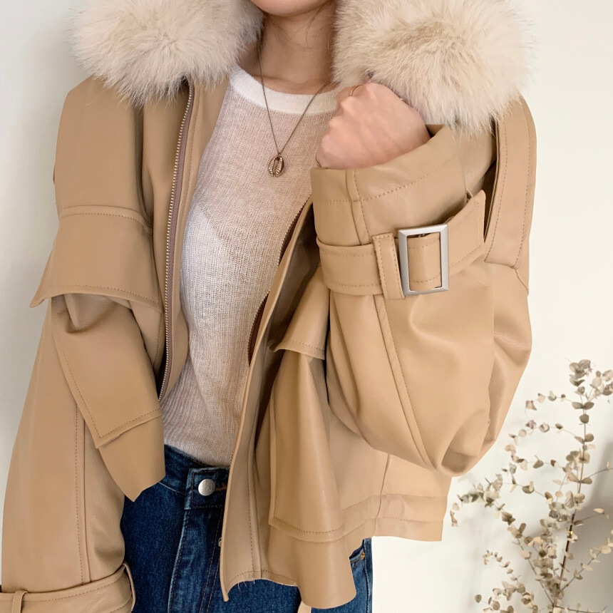 PUレザージャケット　ショートコート　ファーネック　ビッグポケット　A922