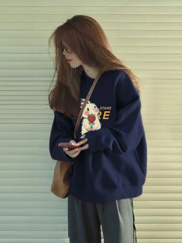 レディース クルーネック ネイビーブルー スウェットシャツ2024年秋冬新作ニッチデザインレトロルーズフィットトレンディ