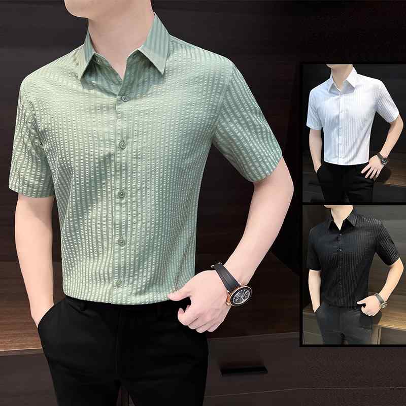 シャツ トップス メンズ おしゃれ スタイリッシュ 紳士 半袖 夏 ハイエンド ストライプ 大きいサイズ スリムフィット 男性 カジュアル 通気性