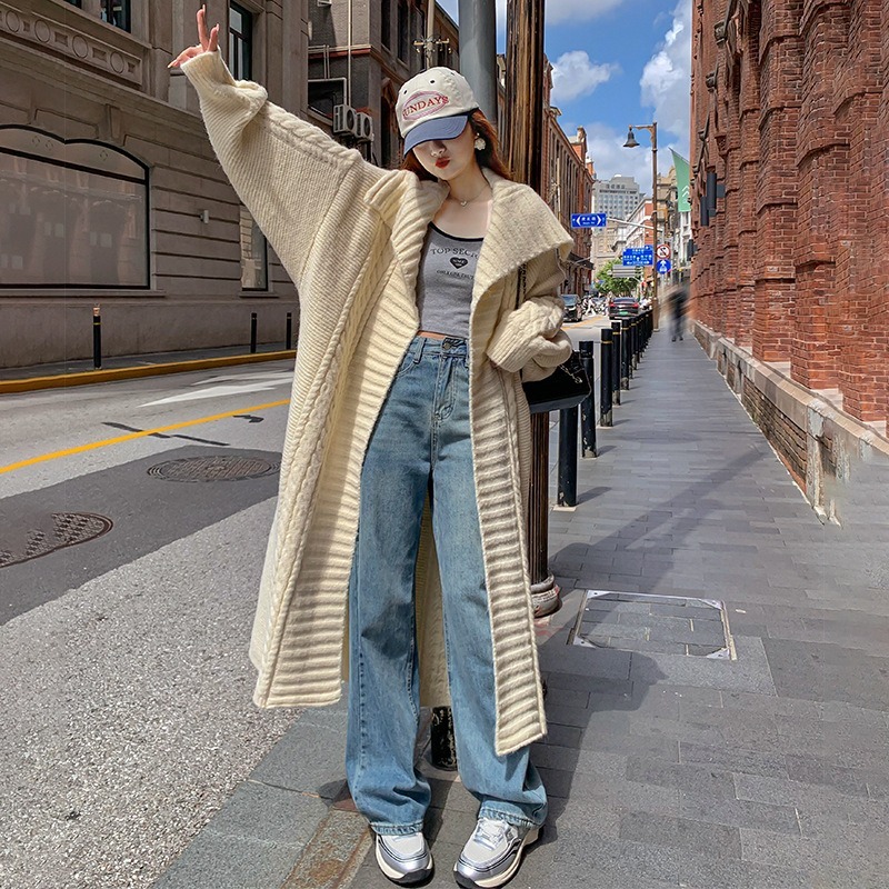 ニット カーディガン レディース アウター 上着 ロングコート ロング マキシ 長袖 ボリューム袖 ドロップショルダー 萌袖 襟付き ワイド ストレート Iライン 前開き ケーブルニット ニット