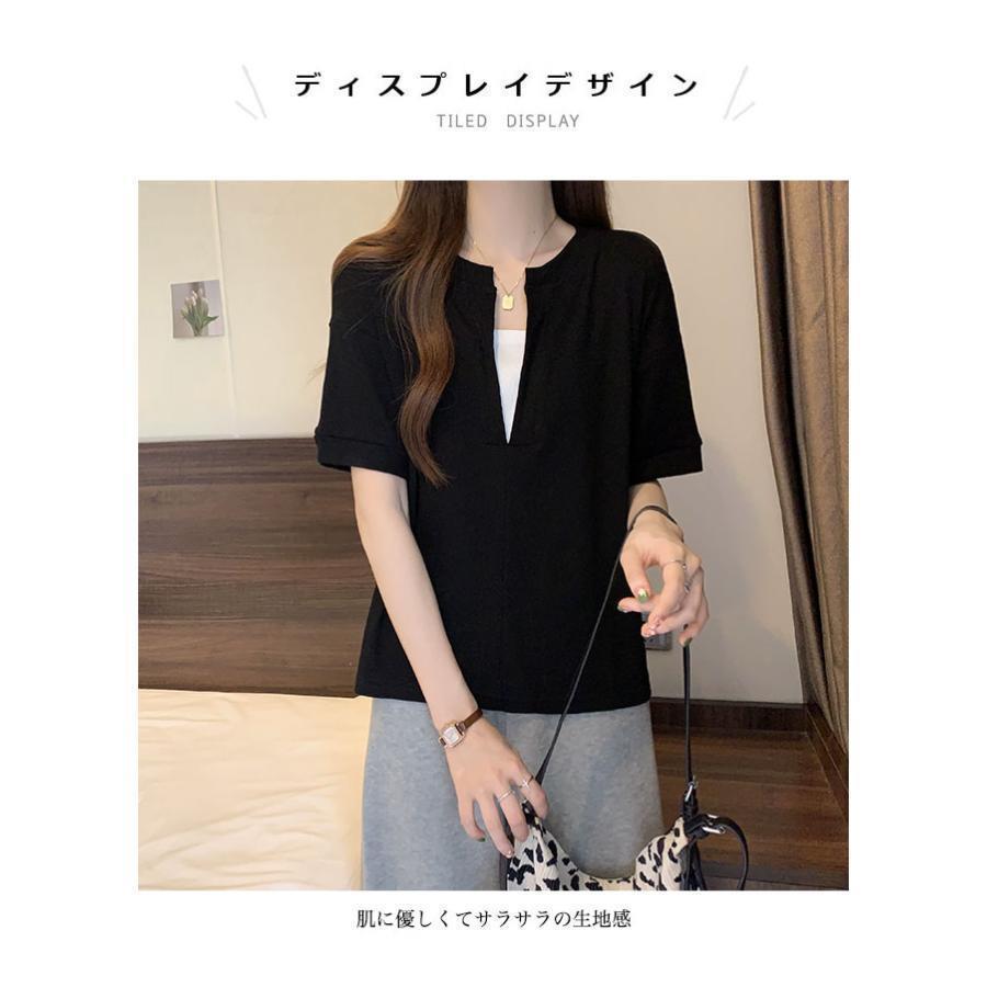 フェイクレイヤード tシャツ 夏 レディース 半袖tシャツ モノトーン サマーtシャツ 大きいサイズ 夏tシャツ お洒落 白t 偽二枚 黒t