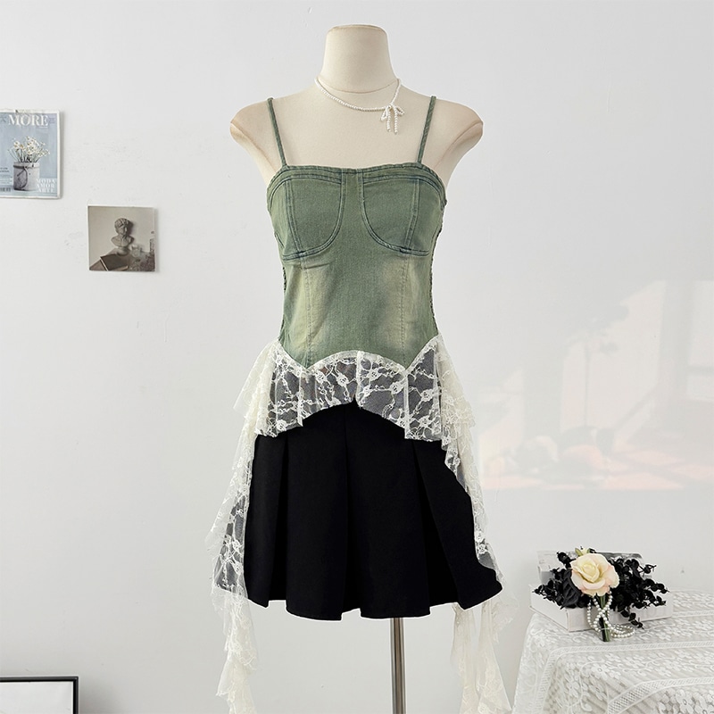 【1点ご購入 で10点プレゼントいたします】フレンチレースのレースをつなぎ合わせて旧キャミソールを作る女性の夏の不規則なリボンのプリーツが露出した背拭きトップス