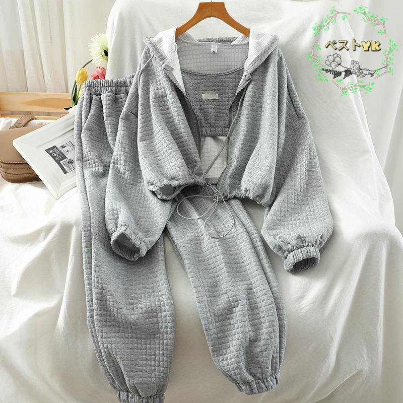 上下3点セット レディース スウェット ジップアップセットアップ フード付き 長袖 パーカー ズボン 春秋 ロングパンツ スポーツウェア