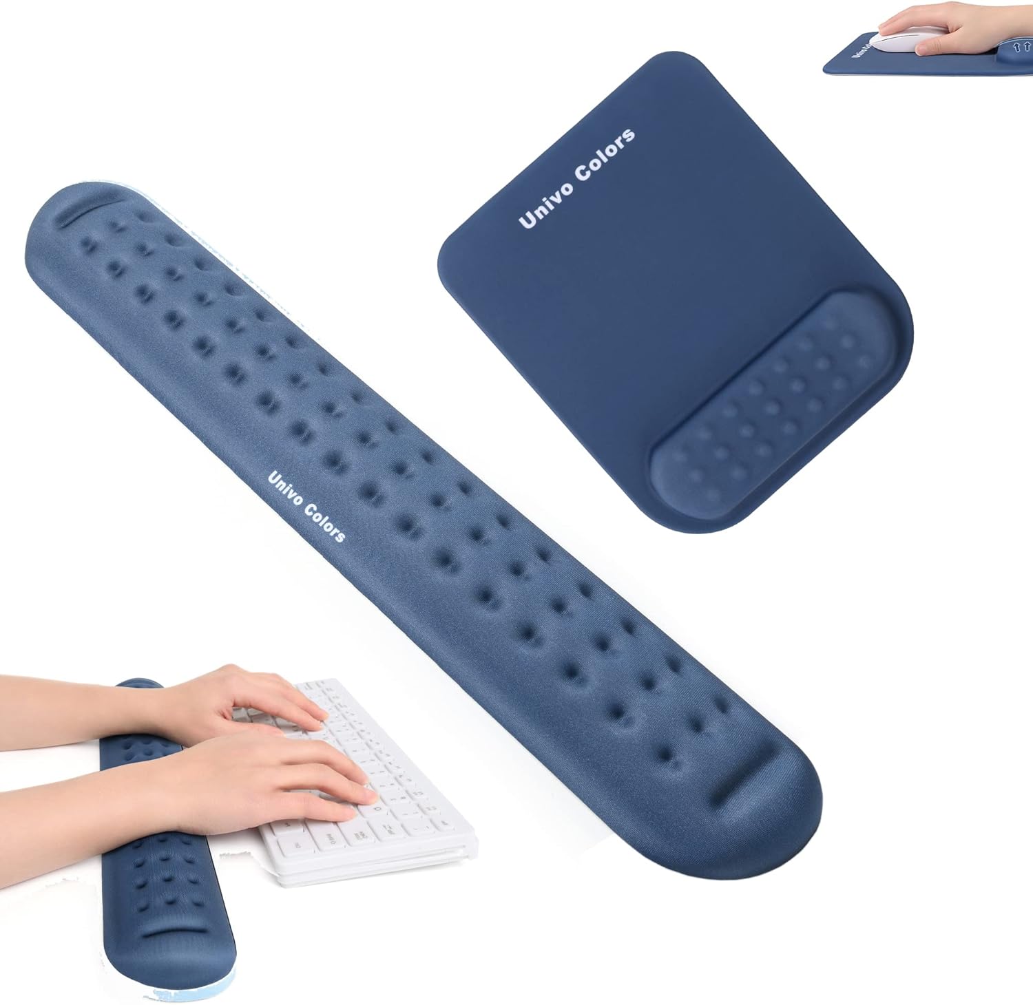 リストレスト一体型マウスパッドとキーボードリストレストの2点セット 人間工学デザイン 手首置き 疲労低減 柔らかい素材 マッサージホール付き 通気性 肌に優しい ネイビー