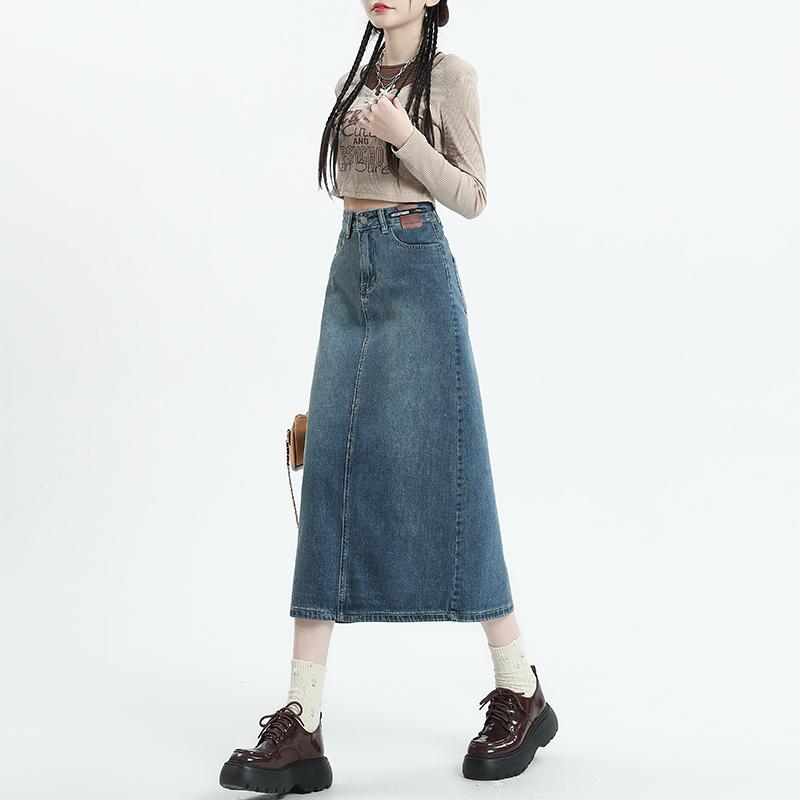 デニムスカート ロング aライン レディース かわいい おしゃれ カジュアル レジャー 春夏秋 レトロ リアスリット ハイウエスト ストレート ミドル丈 ネイビー