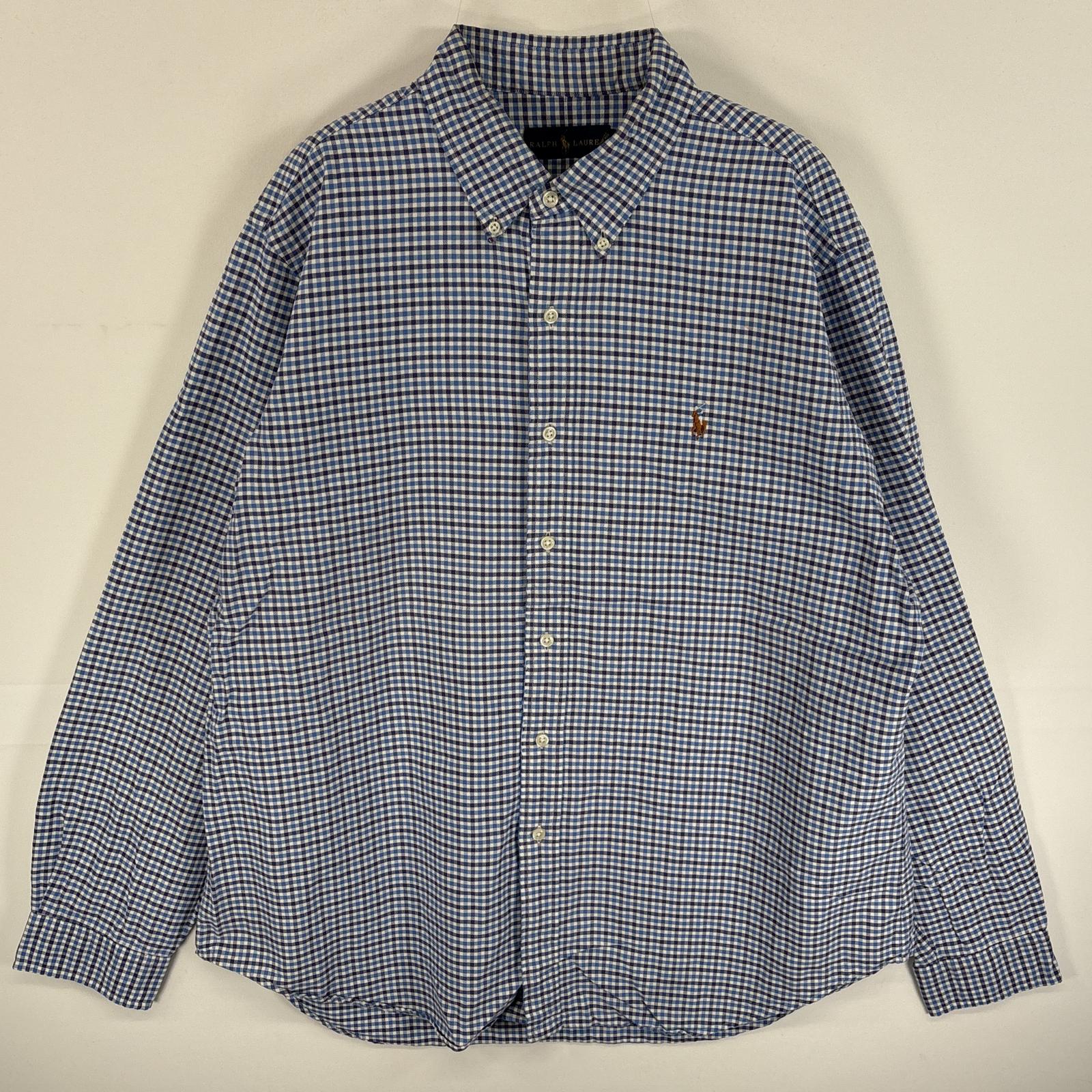 古着 長袖シャツ ワンポインロゴ 刺繍 ボタンダウンシャツ 大きいサイズ XL ブルー系 チェック メンズ