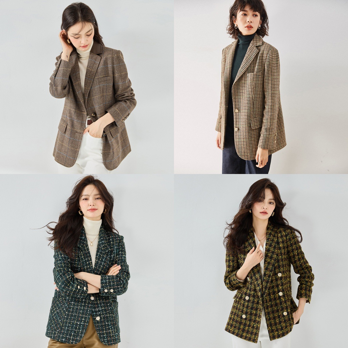 qoo10 の 日 2025春の新作愛の不時着同韓国版千鳥格レトロウールブレザー女性7562上着 レディースアウター 韓国韓国ファッション レディースカーディガン