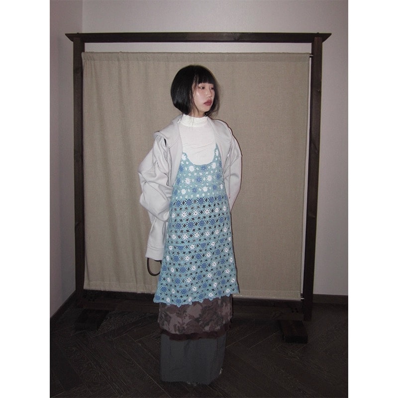 レディース ワンピース ニット チュニック キャミソール ニットワンピ ミモレ 袖なし ノースリーブ Uネック タイト スリム 細身 編み込み 異国風 ニット クロシェ かわいい 大人可愛い