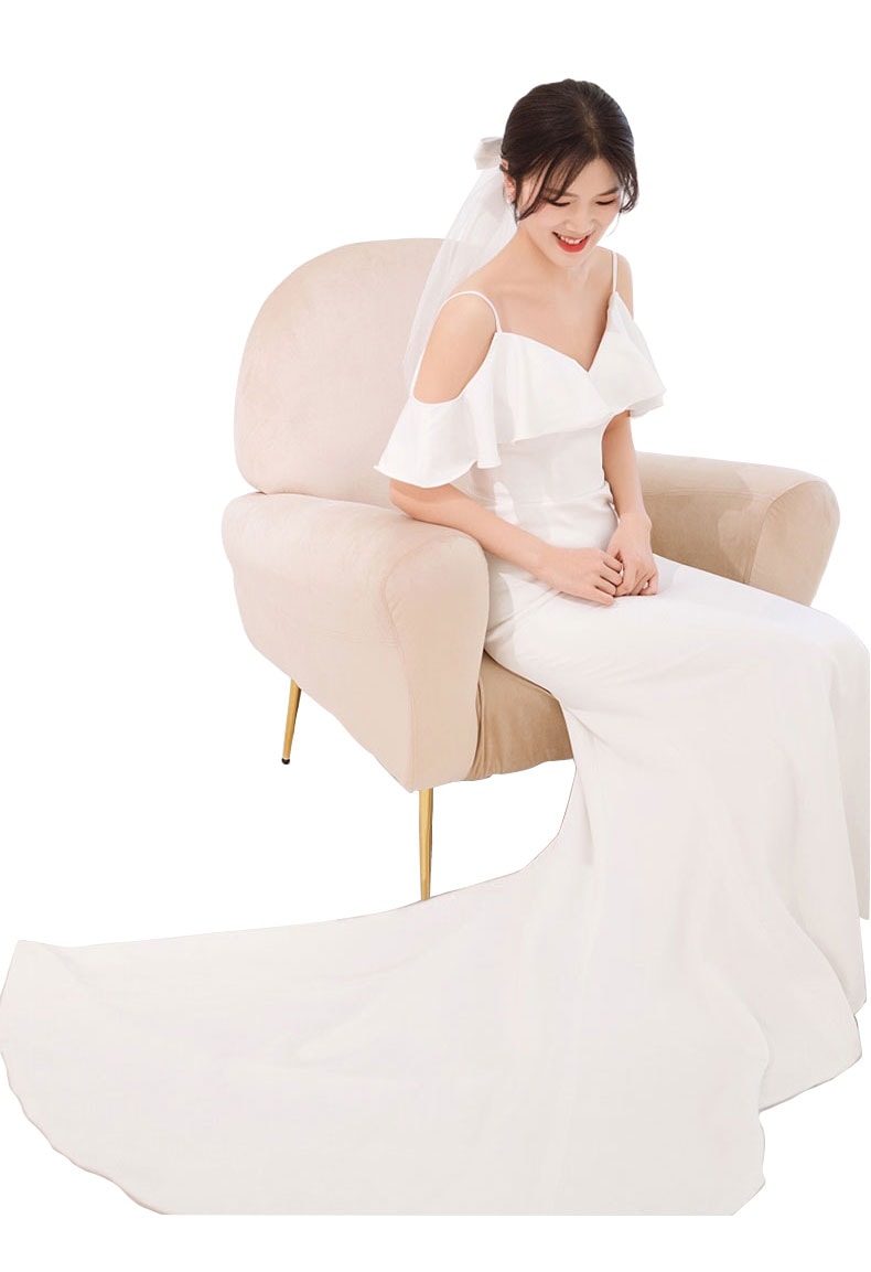 ウェディングドレス レディース 二次会 花嫁ドレス 結婚式 パーティードレス マーメイドライン レトロ オフショルダー Vネックサテン　ライドウェディング(M-0037)