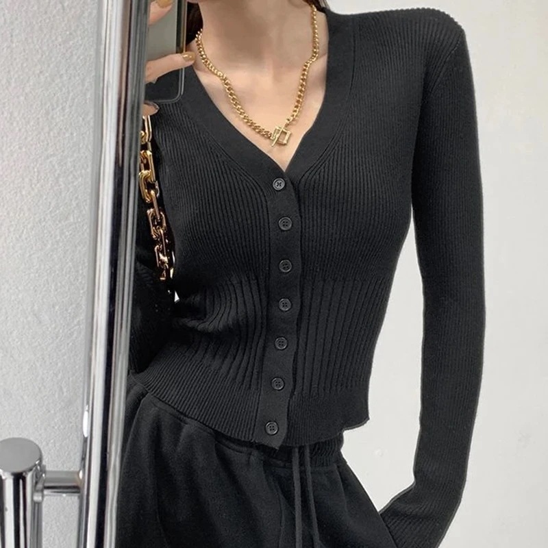 女性用長袖Vネックカーディガン,ニットクロップトップ,単色,スリムフィット,韓国スタイル,黒,シック,女性用,2021 - 200000345