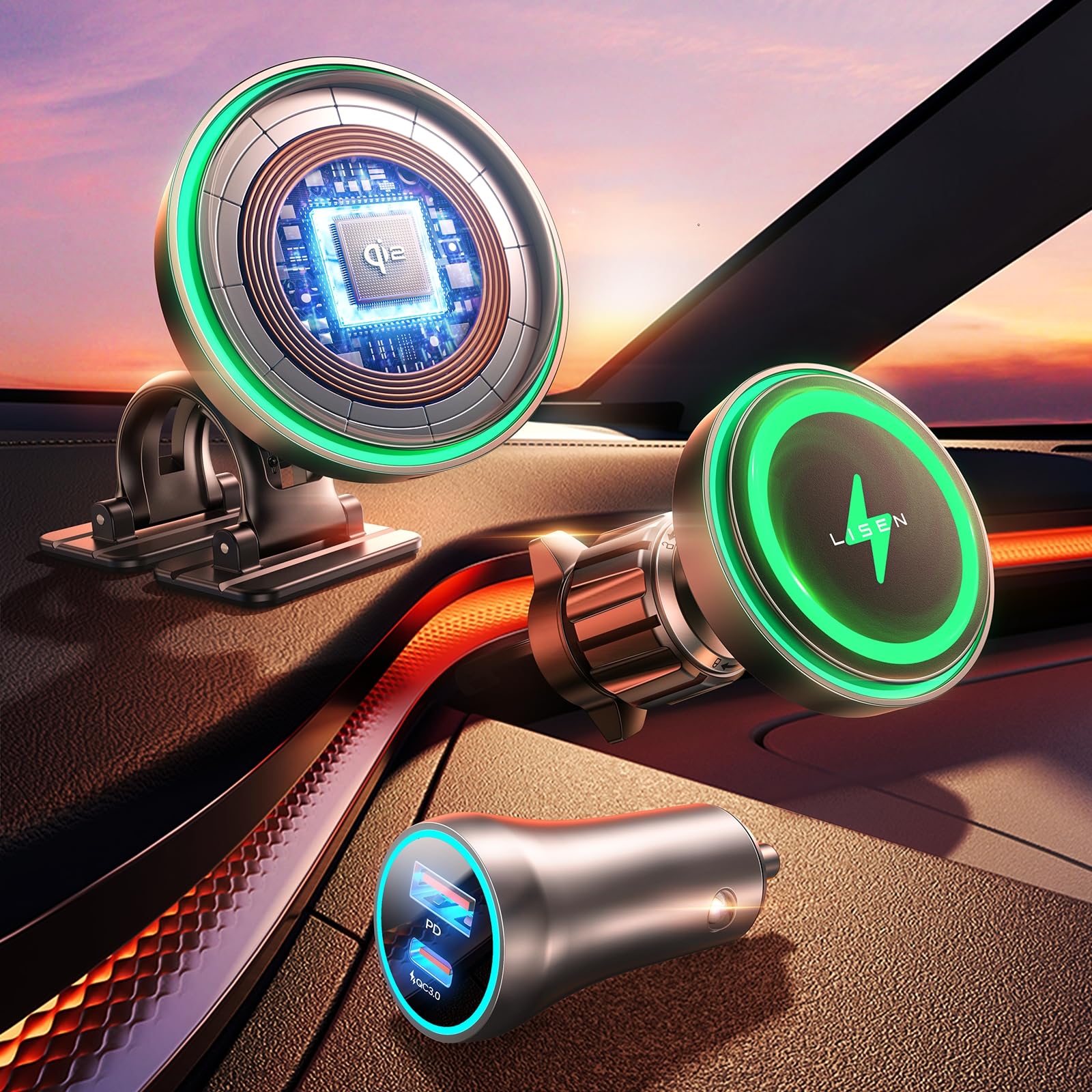 LISEN qi2 充電器 15W magsafe充電器 車載 スマホホルダー 車 i Phone用ワイヤレス充電器 シガーソケット 急速充電 マグセーフ エア コン 吹き出し口と ダッシュボード適用