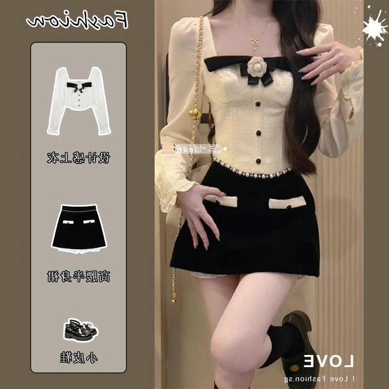 ハイエンドのカスタマイズ-スーツ女性の 2024 秋と冬の新しいスタイルの小さな香りのよいスクエアカラートップセクシーな気質長袖ハイウエストスリムスカート