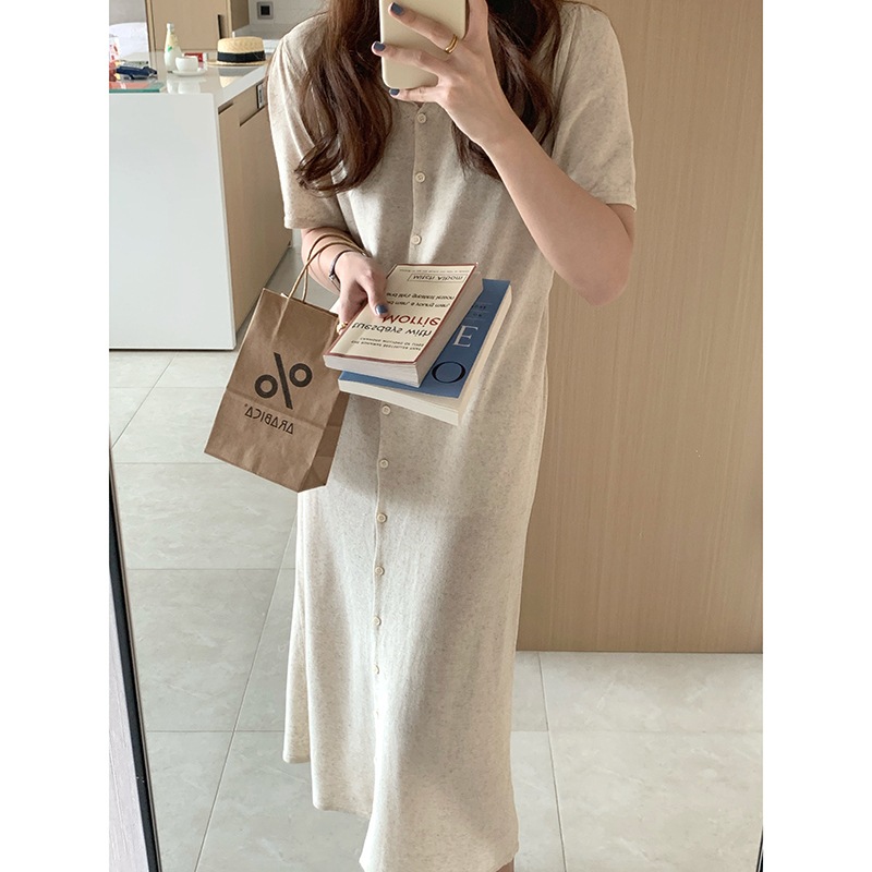 オートミールカラーV ネック ニットドレス 女性 夏 ウエストが細い ロングスカート ワンピース ミモレ丈 ロング 半袖 Vネック Aライン 前開き 大人可愛い きれいめ シンプル カジュアル