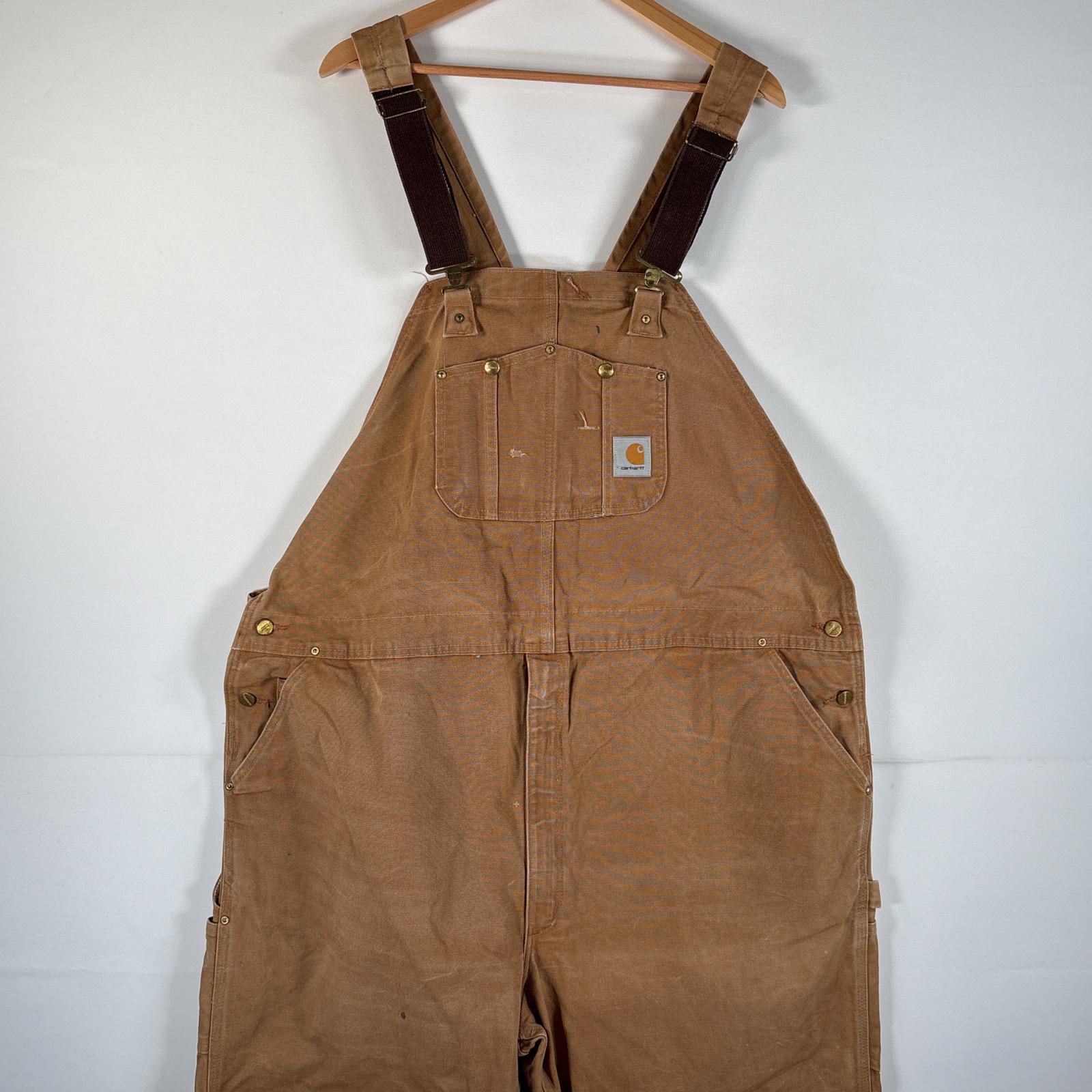 古着 オーバーオール ダック ワンポイントロゴ サイドポケット ダブルニー 大きいサイズ キャメル メンズ